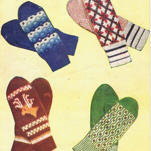 May include: Four pairs of knitted mittens with various patterns. One pair is navy blue with a white and light blue wave design. Another pair is red with a white diamond pattern and black stripes. The third pair is brown with a deer design. The last pair is green with a floral pattern.