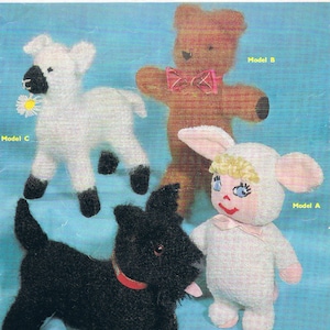 May include: Knitting pattern for a teddy bear, a lamb, a baby doll, and a scottie dog. The pattern is called "Double Boucle, Caprine and Double Knitting Qualities" and is from Sirdar, model number 23688.