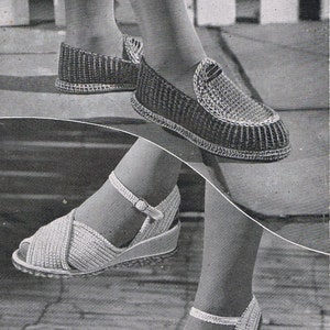 May include: Black and white image of crochet sandals. The image shows two pairs of sandals, one with a closed toe and the other with an open toe and ankle strap. The sandals are made of a woven material. The text "Crochet SANDALS" is at the top.