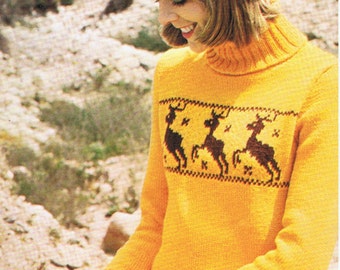 Reindeer Christmas Jumper Hat and Mittens Knitting Pattern Vintage T244