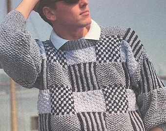 Mens 1980s Knitting Pattern Textured Patchwork Pattern 1980s vintage sweater