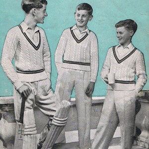 May include: A knitting pattern for a boy's cricket pullover. The pattern is for sizes 10-12, 12-14, and 14-16 years. It requires 9, 10, or 12 ounces of 4-ply yarn and 1 ounce of each of two colors.