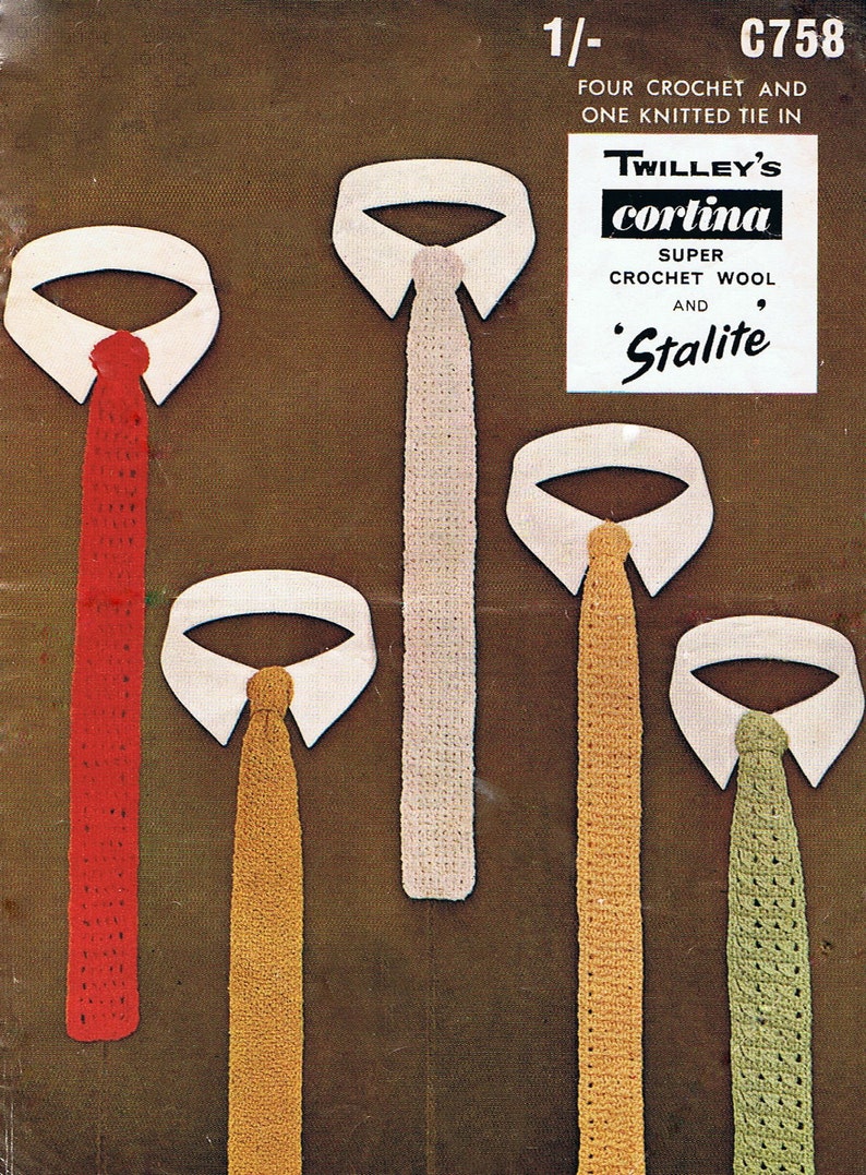 5 Skinny Ties Knitting and Crochet Pattern Mens Tie PDF Vintage 1960s T185 Treasury Item image 1