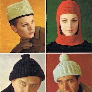 May include: A vintage knitting pattern booklet featuring four different hat designs. The booklet cover features the text "Patons Publications" and "Headwear in Patons Capstan 9665 9d".