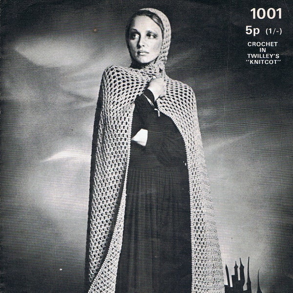 Dramatische Cape mantel haakpatroon Vintage jaren 1970 PDF-patroon (T124)