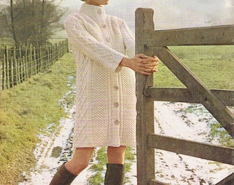 Aran Coat Knitting Pattern Gorgeous Cable Knit Cardigan with High Collar Vintage 1960s PDF Pattern  (T162) Digital Download