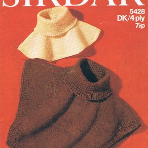 May include: A brown knitted turtleneck sweater with a wide collar. The sweater is on a red background. The text "Sirdar 5428 DK/4 ply 7½p" is printed on the background.