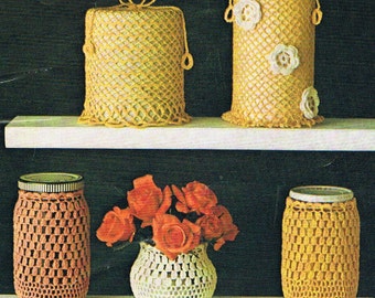 Jam pot cover, lavender bag, pin cushion and toilet roll cover crochet pattern. Vintage PDF. Jam jar.