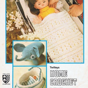 Dolls cradle, Blanket, Pillow, Toy Elephant and Cradle Vintage Crochet Pattern PDF Toys T201 Amigurumi image 2