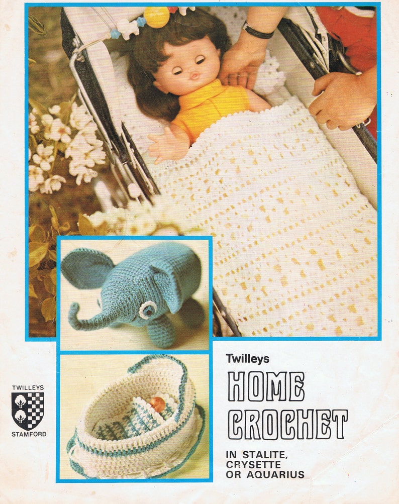 Dolls cradle, Blanket, Pillow, Toy Elephant and Cradle Vintage Crochet Pattern PDF Toys T201 Amigurumi image 2