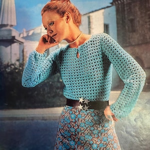 Long sleeved top crochet pattern 1970s (T242) Instant Download ladyship Wools 4707