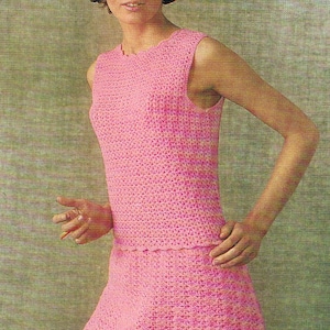 May include: A pink crochet dress with a sleeveless design and a scalloped hem.