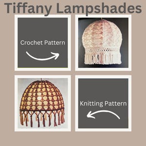 May include: Two crocheted lampshades with fringe. One is white and the other is brown. The image includes text that says "Crochet Pattern" and "Knitting Pattern".
