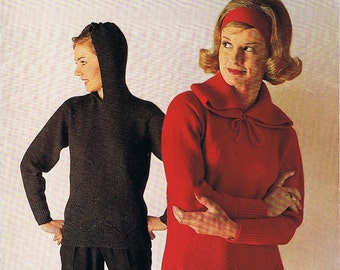 Hooded Sweater Jumper Knitting Pattern Vintage 1960s PDF (T223)
