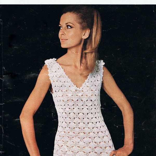 Vintage Crochet Dress Pattern V Neck with Flower Corsage Detail PDF (T225)