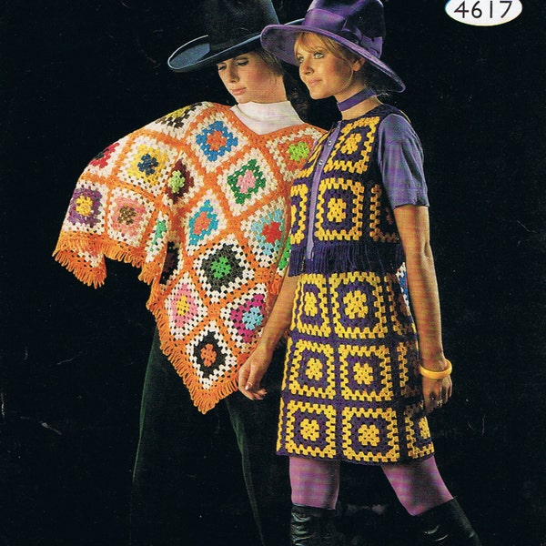 Granny Squares Poncho Mini Skirt and Bolero Crochet Pattern 1970s Instant Download T246