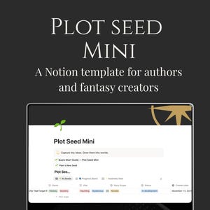 May include: A laptop displays a Notion template titled "Plot Seed Mini" for authors and fantasy creators. The screen shows a page with options like "Quick Start Guide" and "Plant a New Seed." The background is dark with the text "by AURENA CRAFT" at the bottom.