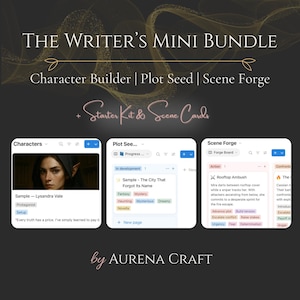 May include: The Writer's Mini Bundle graphic with Character Builder, Plot Seed, and Scene Forge. The image includes a woman's portrait, a plot development page, and a scene planning board. The text includes "Starter Kit & Scene Cards" and "by Aurena Craft."