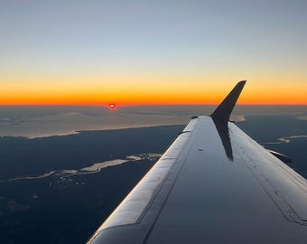 USA, Atlantic Coast, Aerial Ocean Sunrise from Airplane Wing Color Photography Print Wall Art