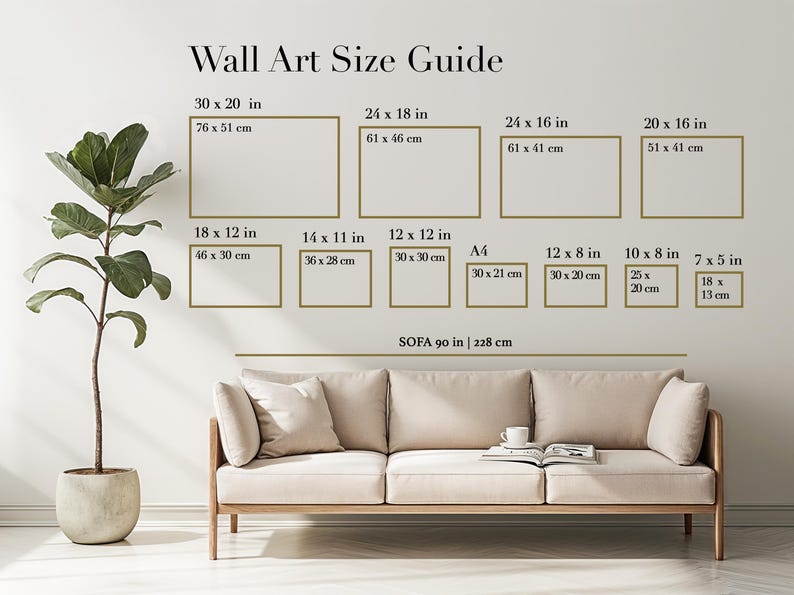 May include: A wall art size guide displaying dimensions in inches and centimetres. Sizes include 30 x 20 in (76 x 51 cm), 24 x 18 in (61 x 46 cm), and smaller options. A sofa is shown below the guide, measuring 90 inches (228 cm).