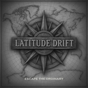 May include: A grayscale illustration featuring a compass rose design with the text "LATITUDE DRIFT" on a wooden sign. The phrase "ESCAPE THE ORDINARY" is below the sign. A world map is in the background.