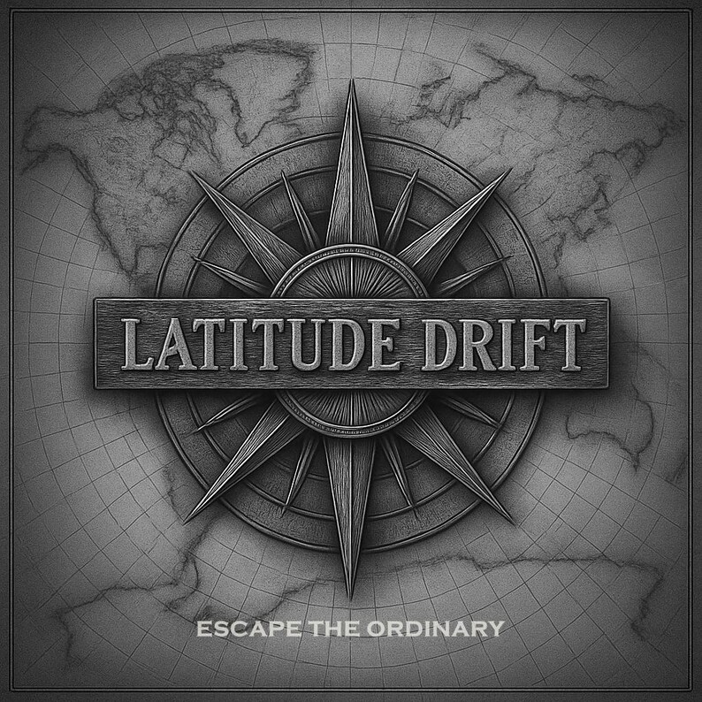 May include: A grayscale illustration featuring a compass rose design with the text "LATITUDE DRIFT" on a wooden sign. The phrase "ESCAPE THE ORDINARY" is below the sign. A world map is in the background.