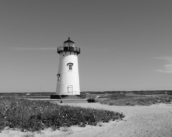 USA, Massachusetts, Marthas Vineyard, Dune Grass Beach Lighthouse Black and White Photography Print Wall Art