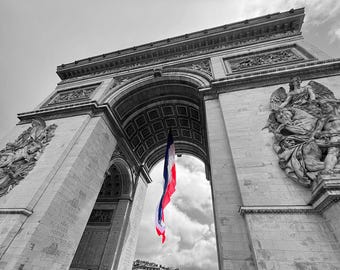 Arc de Triomphe with French Flag, Paris France Selective Color Photography Print Wall Art