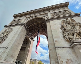 France, Paris - Arc de Triomphe with French Flag Color Photography Print Wall Art