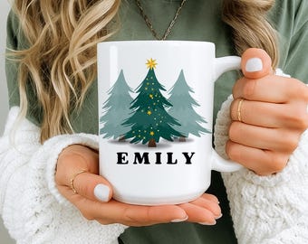 Personalized Christmas Mug | Minimalist Design with 3 Trees | Elegant Custom Name Gift for Coffee Lovers, Customizable Design.