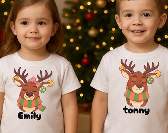 Personalized Reindeer Shirt for Kids, Christmas T-Shirt for Boys, Holiday Gift for Children, Custom Name Christmas Shirt