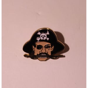 May include: A pirate-themed pin featuring a cartoon pirate face with a black hat, eye patch, and a sword in its mouth. The pin has a gold border and a skull and crossbones on the hat.