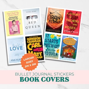 May include: Two rectangular sheets of book cover stickers featuring various titles including I'm Glad My Mom Died, Red Queen, Iron Flame, A Court of Thorns and Roses, Twisted Love, Dungeon Crawler Carl, It Starts with Us, and The Christmas Tree Farm. An orange starburst label states LARGER SIZE!! 2IN X 3IN.