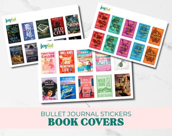 May include: Sheets of stickers featuring colorful book covers. Titles include "A Court of Thorns and Roses," "Great Big Beautiful Life," and "Red City." The stickers are labeled "Bullet Journal Stickers Book Covers."