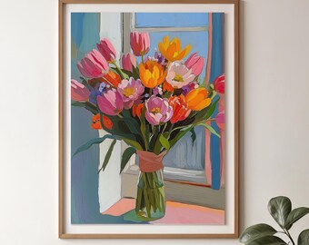 Colorful Tulip Bouquet Art Print | Modern Floral Poster (Digital Download)