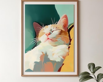 Schlafende getigerte Katze Kunstdruck | Cozy Home Decor (Digitaler Download)