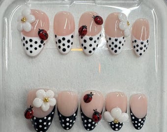 Ladybug Daisy Press On Nails: Polka Dot French Tip Almond Nail Art
