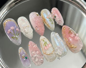 Luxury 3D Fairycore Press On Nails: Pink Tulip & Bunny Coquette Almond Set