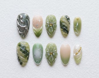 Sage Green Press On Nails: Silver Chrome Marble 3D Floral Fairycore Almond Set