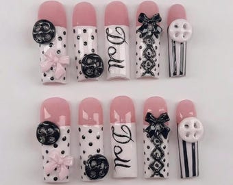 Pink Polka Dot French Press Ons: Black Point Unique Elegant Luxury Gift Accessory