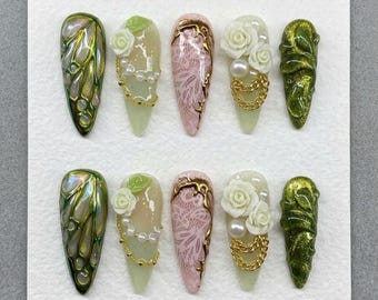 Green Lace Rose Press On Nails: Vintage Royal Summer Style Prep Gift Set
