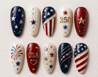 4th of July USA 250th Press On Nails: Patriotic Luxury Summer Style Prep Almond