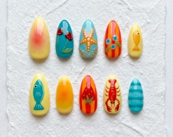 Ocean Beach Press On Nails: Cute Starfish Lobster Little Fish False Nails
