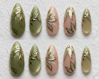 Sage Green Fairy Press On Nails: 3D Gold Metallic Leaves Cat Eye False Nails