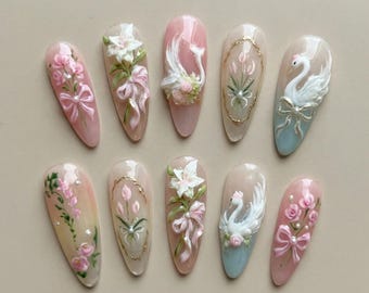 White Swan Floral Press On Nails: 3D Ribbon Lily Unique Elegant Luxury Gift Set