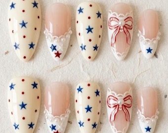 Patriotic Star French Tip Press On Nails, Red Blue Americana Bow Pearl Lace Design