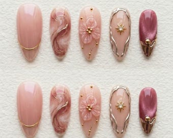 Elegant Coquette Press On Nails: 3D Flower Pink Marble Cat Eye False Nails