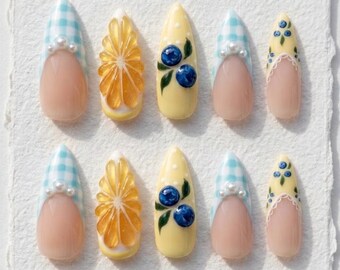Lemon Blueberry Press On Nails: 3D Fruit Gingham Plaid Summer Stiletto Tips