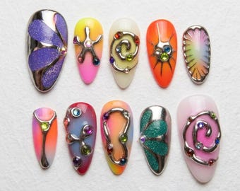 Y2K Cyberpunk Press On Nails: 3D Metallic Chrome Colorful Ombre False Nails