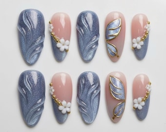 Luxury Blue Cat Eye Press On Nails: 3D Gold Butterfly Floral Reusable Almond Set